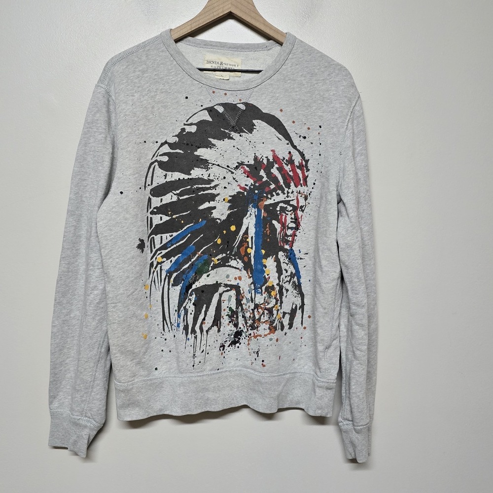 Denim & Supply Polo RALPH LAUREN Indian‎ Print Gray Crewneck Sweatshirt Sz Large
